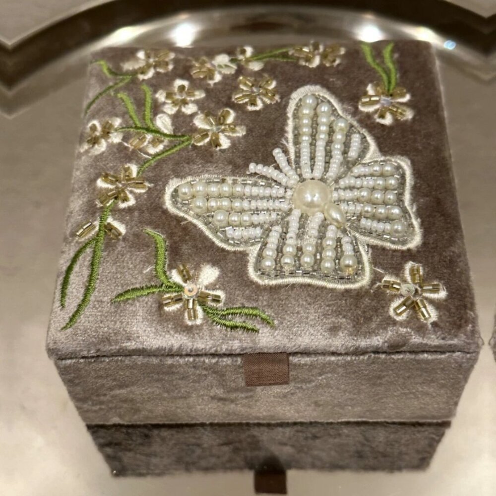 Grey Velvet Beaded and Embroidered Butterfly Floral Jewelry Box
